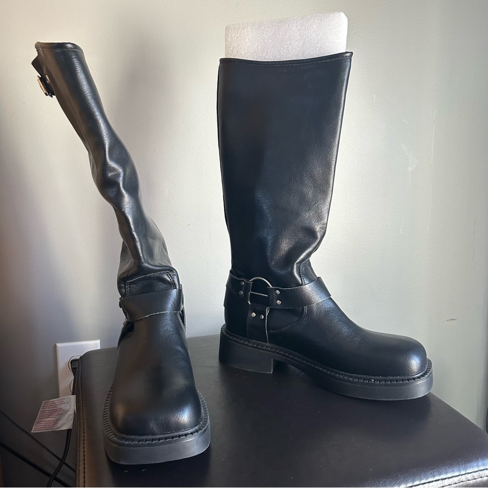 Vegan Leather Black Vegan Leather Buckle Detail Moto Boots